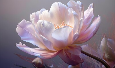  a large white flower with pink petals on a gray background with a blue sky in the back ground and a light pink center flower in the middle of the center of the flower.  generative ai