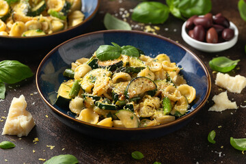Lemon infused Orecchiette pasta with courgette or zucchini and asparagus