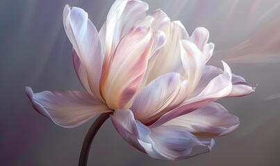  a large white flower with pink petals on a dark background with light rays coming through the center of the flower and the center of the petals.  generative ai