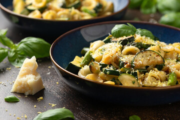 Lemon infused Orecchiette pasta with courgette or zucchini and asparagus