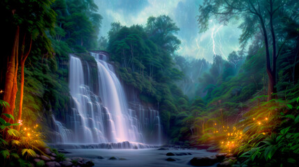 Fototapeta na wymiar A magical forest with luminous plants and a waterfall with a dark sky above and lightning
