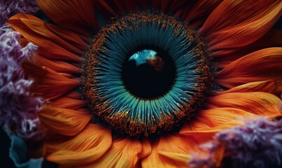 a close up of an orange and blue flower with a black center and a blue center in the center of the flower, with a black background.  generative ai