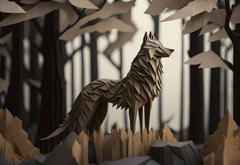 cardboard model of a wolf among the trees, a wolf in the forest - generated by ai