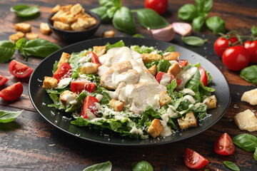 A delicious chicken caesar salad with parmesan cheese, tomatoes, croutons and dressing