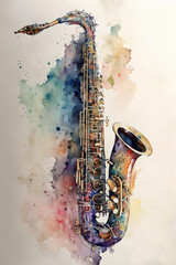Watercolor drawing of a beautiful saxophone. Generative AI.