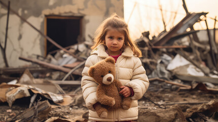 Little girl with a teddy bear in hands near destroyed by russian agression hose in Ukraine AI generated image