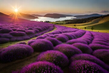 Obraz premium A cluster of purple lavender flowers swaying gently in a summer breeze