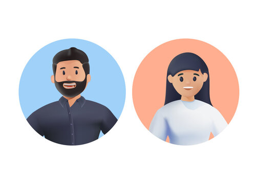 Young smiling man and woman avatars set. 3d vector people character illustration. 3D people illustration, user profile