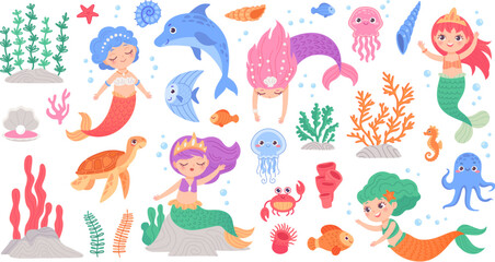 Mermaids and seaweed. Swimming mermaid little princess with sea plant and marine animals, stickers for child aquarium ocean underwater girl characters ingenious vector illustration