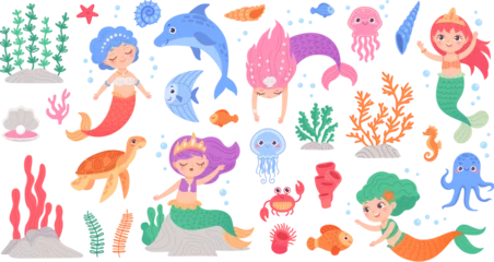 Poster In de zee Mermaids and seaweed. Swimming mermaid little princess with sea plant and marine animals, stickers for child aquarium ocean underwater girl characters ingenious vector illustration
