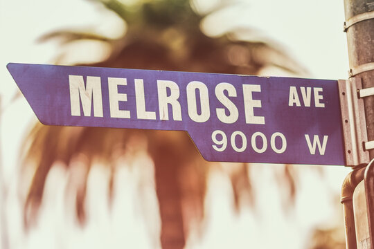 A street sign marking the famous Melrose Avenue in West Hollywood, California.