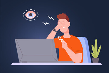 Man with dry eyes. Tired businessman at laptop suffer pain in sick hurt eye from computer, fall eyesight blurry clinical problems ophthalmology, conjunctivitis vector illustration