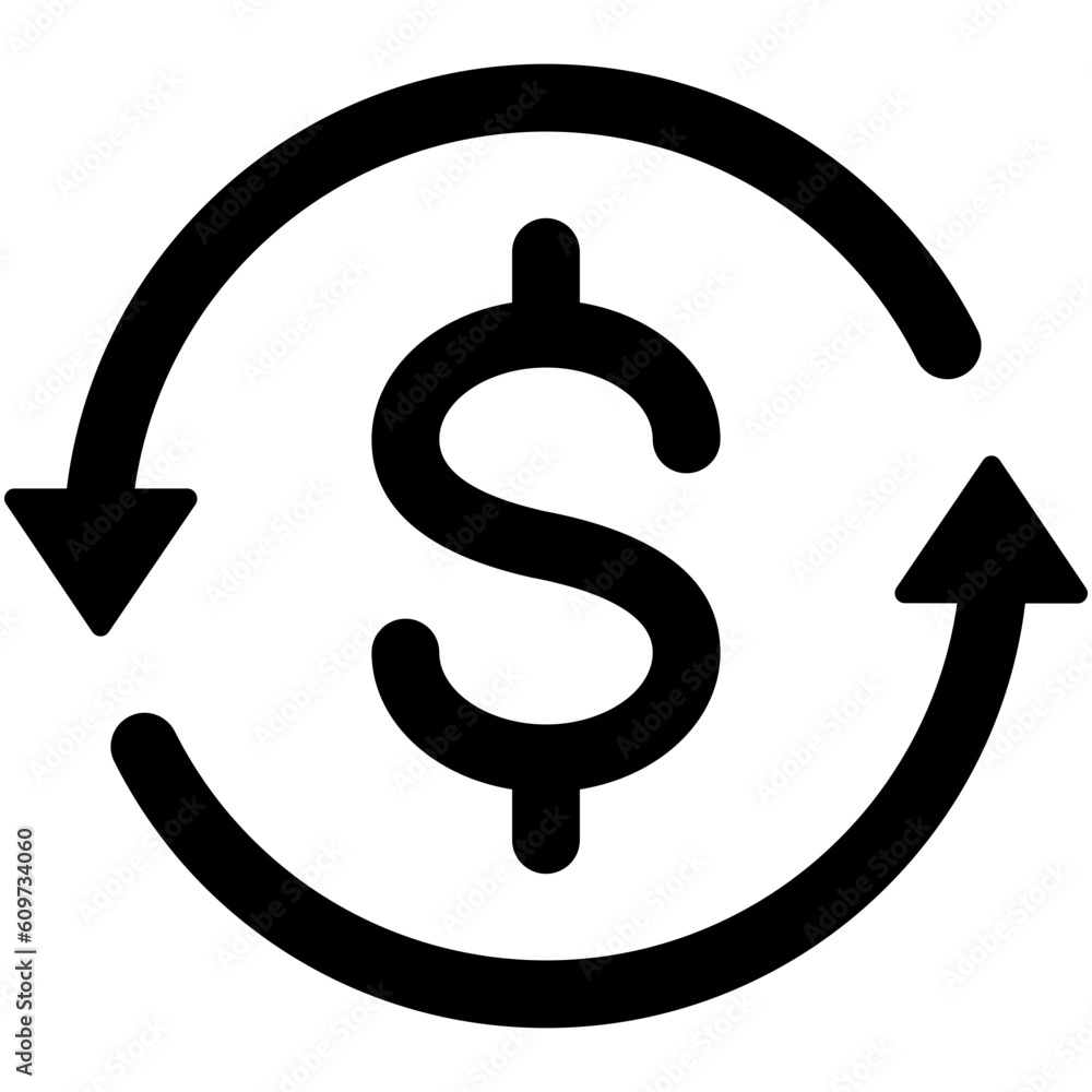 Poster black round money back refund investment line icon, financial repeat arrow flat design vector pictog