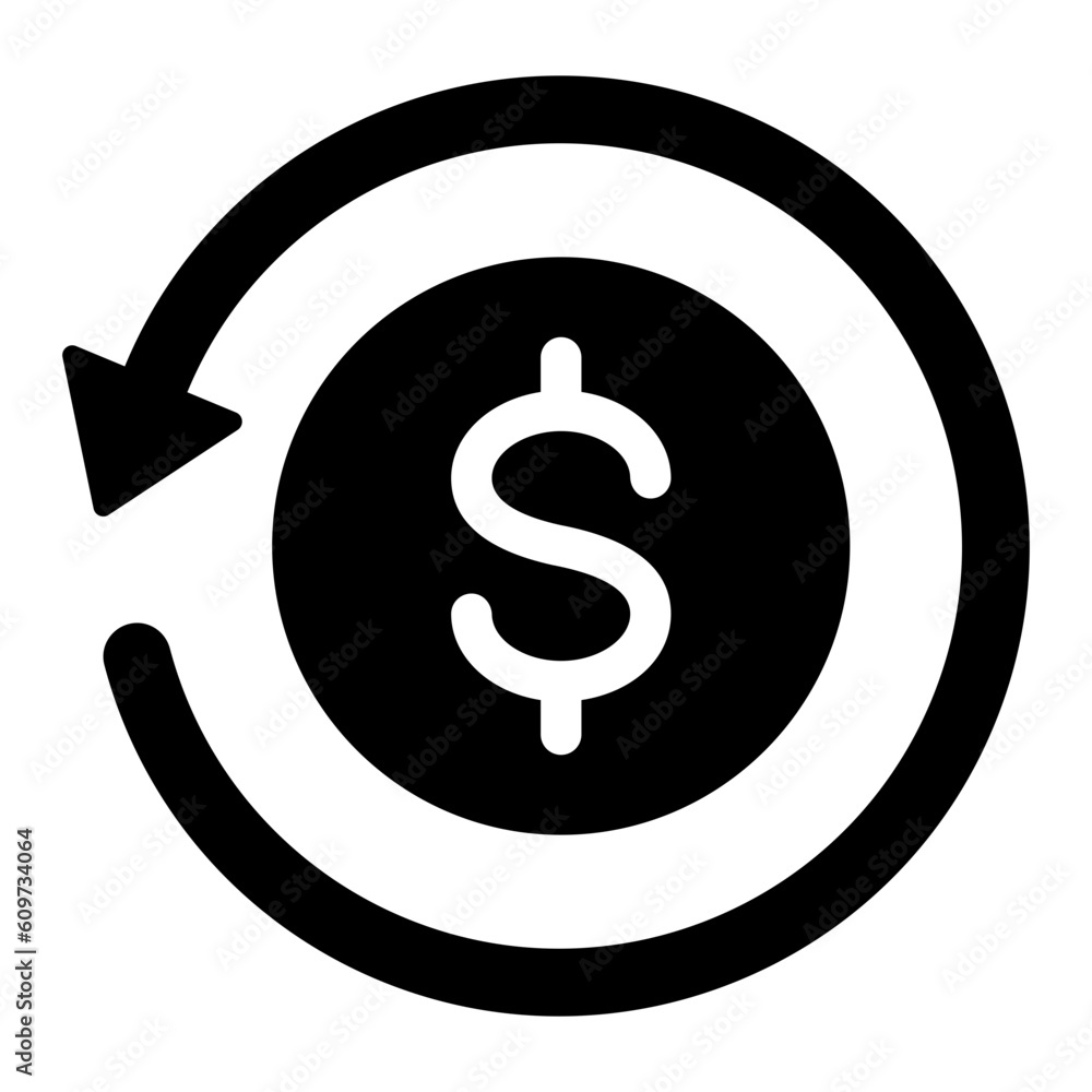 Poster black round money back refund investment icon, financial repeat arrow flat design vector pictogram, 