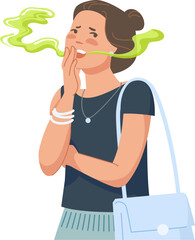 Woman bad breathing. Teenager asian girl with disgusted breath from mouth, bacteria halitosis disease or dental tooth trouble, smelly odor stink in conversation vector illustration - obrazy, fototapety, plakaty