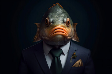 Portrait of a Piranha dressed in a formal business suit, created with generative AI