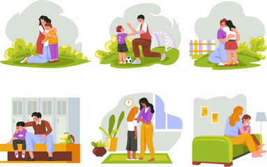 Obraz premium Parents comforting. Parent interacting serious kid sadness teenager, dad and mom talk upset son or daughter, woman hug crying child, parenthood support recent vector illustration