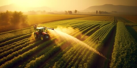 AI Generated. AI Generative. Photo air drone illustration of Tractor spraying pesticides  on field farm landscape. Graphic Art