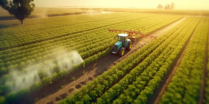 AI Generated. AI Generative. Photo air drone illustration of Tractor spraying pesticides  on field farm landscape. Graphic Art