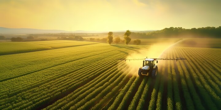 AI Generated. AI Generative. Photo air drone illustration of Tractor spraying pesticides  on field farm landscape. Graphic Art