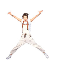 Portrait of sportive active girl in motion jumping over in the air isolated on transparent...