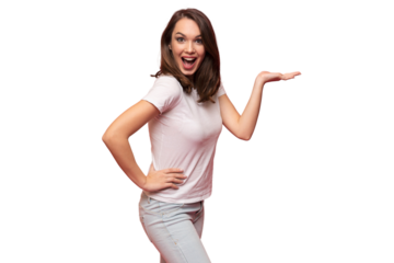 Photo of happy young woman standing isolated over transparent background. Looking camera showing copyspace pointing