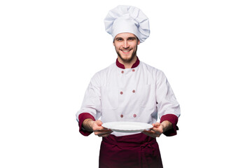 Portrait of a happy male chef cook standing with plate isolated on transparent background