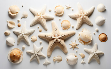 Arafed starfishs and shells arranged in a circle on a white surface, Generative Ai