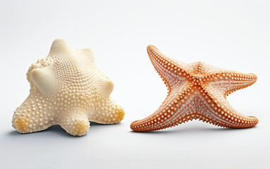 Fototapeta na wymiar Two starfishs are sitting on a white surface next to each other,, Generative Ai