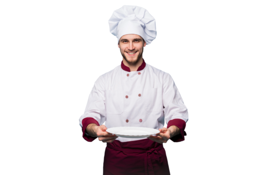 Portrait of a happy male chef cook standing with plate isolated on transparent background