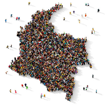 Large group of multiracial people gathered together in the shape of Colombia map, colombian infographics concept, top view, on transparent background	