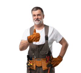 portrait of mature happy handyman isolated on transparent background