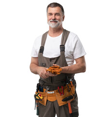 portrait of mature happy handyman isolated on transparent background - 609734822