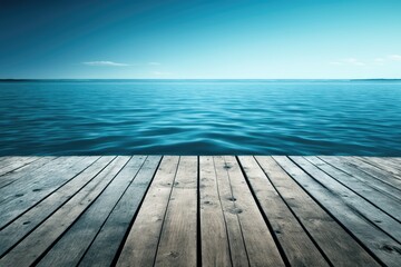Wooden background, blue water, and sky. Generative AI