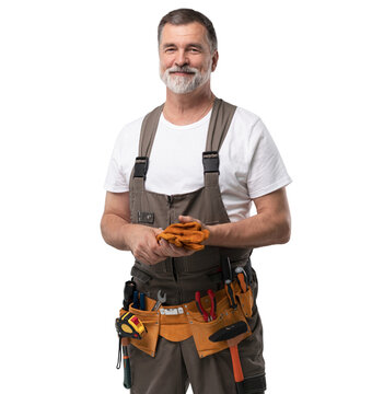 Portrait Of Mature Happy Handyman Isolated On Transparent Background