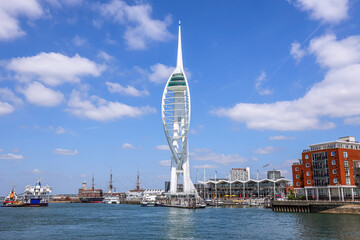 The Spinnaker tower at the harbor of Portsmouth. The Spinnaker Tower is a landmark observation...