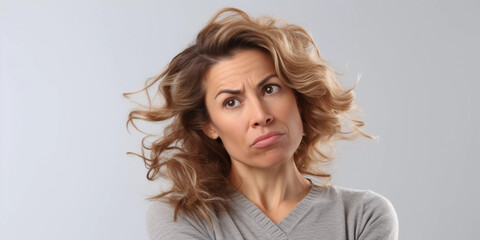 Studio portrait of middle aged woman wearing gray sweater and pouting, close up with white background, Generative AI