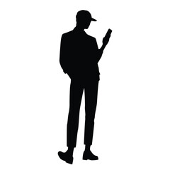 Vector silhouette of a man standing with smart phone, businessman, black color, isolated on a white background