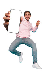 Mobile App Advertisement. Handsome Excited Man Showing Pointing At Empty Smartphone Screen Posing Over Transparent Background, Smiling To Camera. Check This Out, Cellphone Display Mock Up