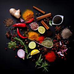 Obraz na płótnie Canvas Spices composition. Assortment of east spices with black background. Generative AI.