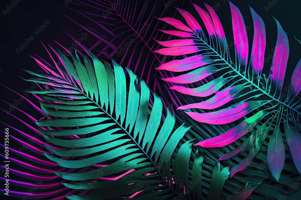 Poster tropical and palm fronds with holographic bright gradient colors. artwork with a conceptual theme. b