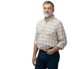 Portrait of happy casual mature man smiling, senior age man with gray hair, Isolated on transparent background, copy space