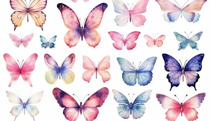 Fototapeta na wymiar Butterfly collection. Watercolor illustration. Colorful Butterflies clipart set. Pink butterfly. Girl baby shower design elements. Party invitation, birthday celebration