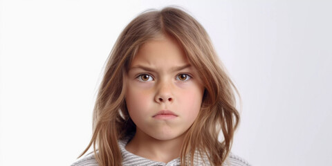 Studio portrait of unhappy young girl, close up with white background, Generative AI - obrazy, fototapety, plakaty
