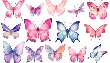 Obraz na płótnie Canvas Butterfly collection. Watercolor illustration. Colorful Butterflies clipart set. Pink butterfly. Girl baby shower design elements. Party invitation, birthday celebration