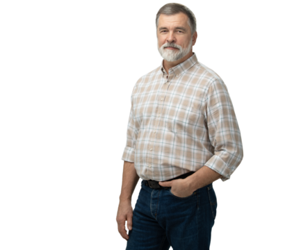 Portrait of happy casual mature man smiling, senior age man with gray hair, Isolated on transparent background, copy space