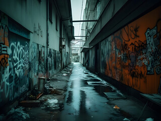 Dark street tunnel with colorful graffiti on the wall