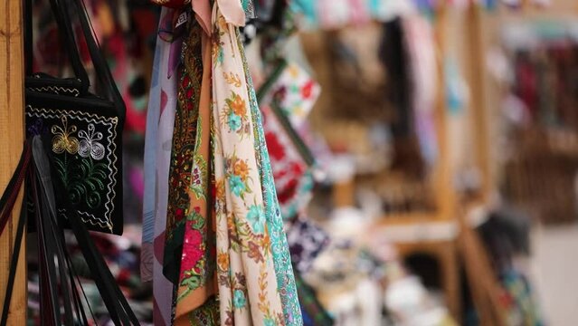 beautiful and colorful shawls in khiva