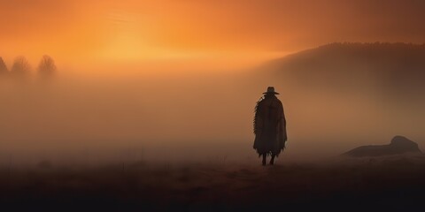 AI Generated. AI Generative. Native american indian western chief apache warrior in the fog mist cinematic shot. Graphic Art