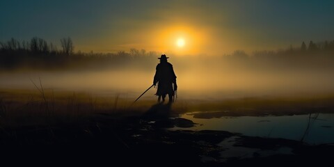 AI Generated. AI Generative. Native american indian western chief apache warrior in the fog mist cinematic shot. Graphic Art